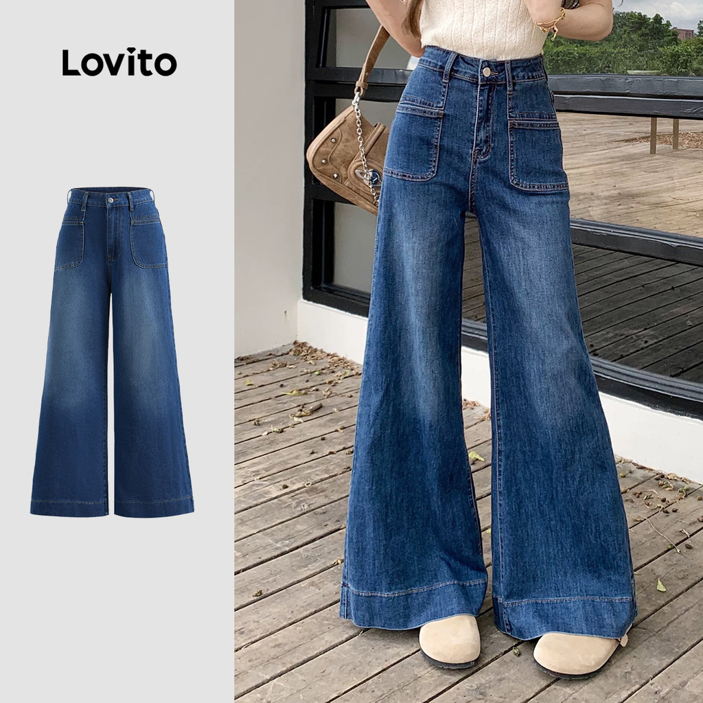 Lovito Jeans casual liso com bolso lavado para mulheres L124AD1153 - Women Clothes
