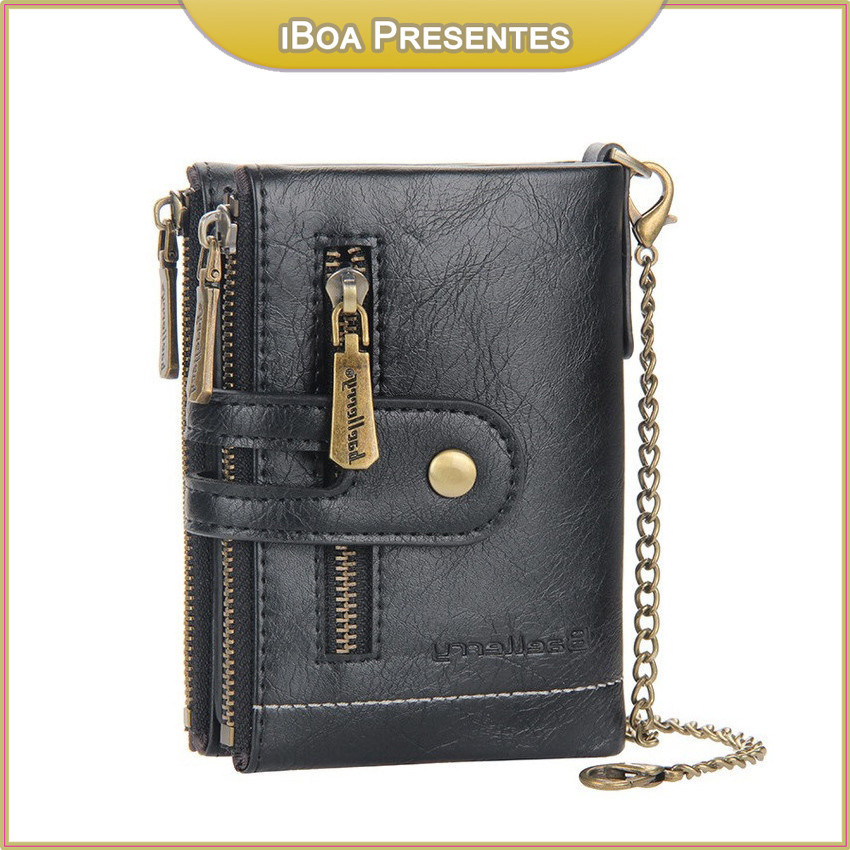 Carteira Couro Com Corrente Masculina Feminina Anti-roubo