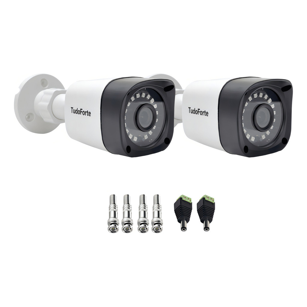 Kit 2 Câmeras Tudo Forte Bullet Full HD 1080p, Lente 2.8mm, Visão Noturna 20M, IP66 + Conectores
