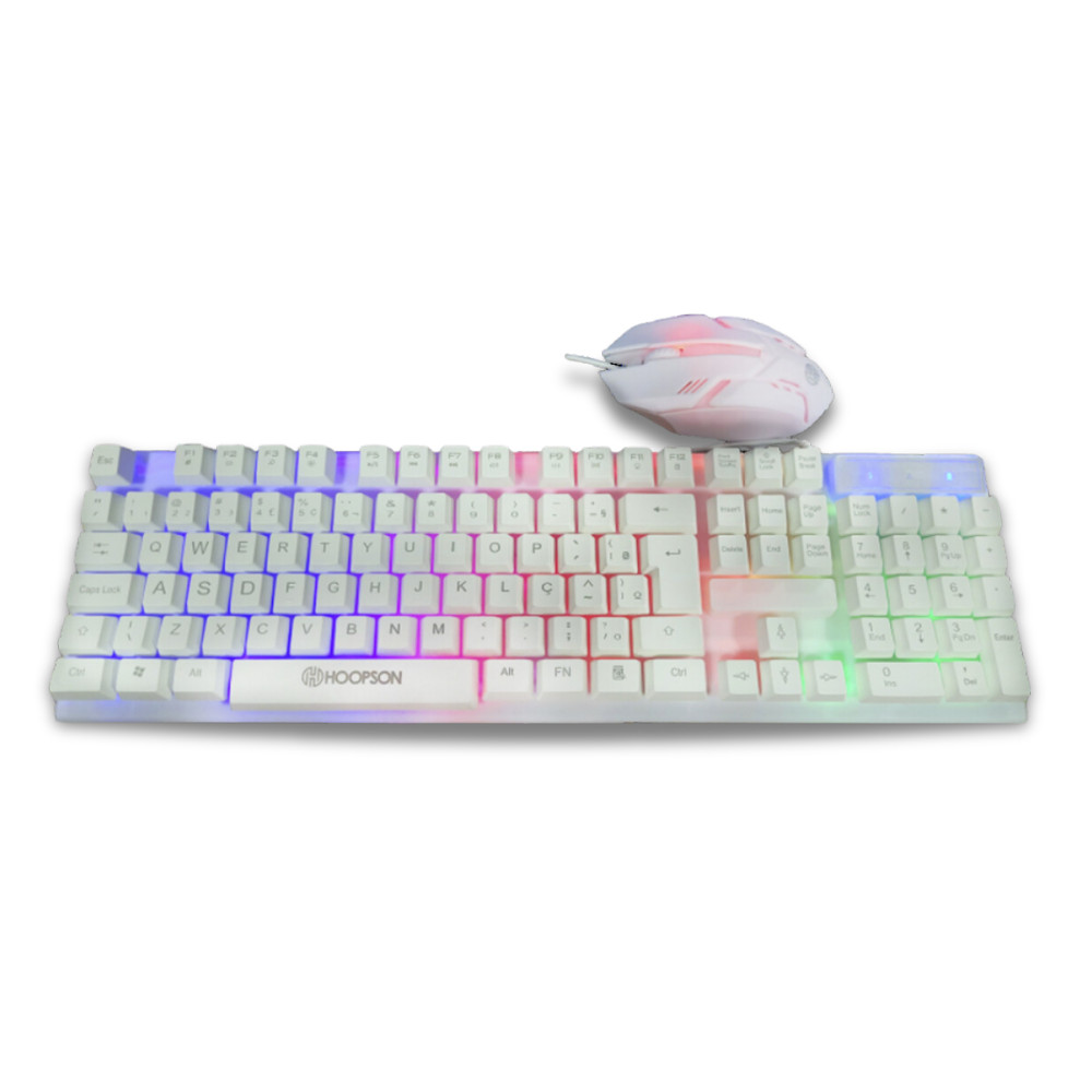 Kit Mouse Teclado Gamer USB Branco Led RGB Teclas Anti Ghosting Hoopson Computador Notebook Jogo Colorido TPC-096KB