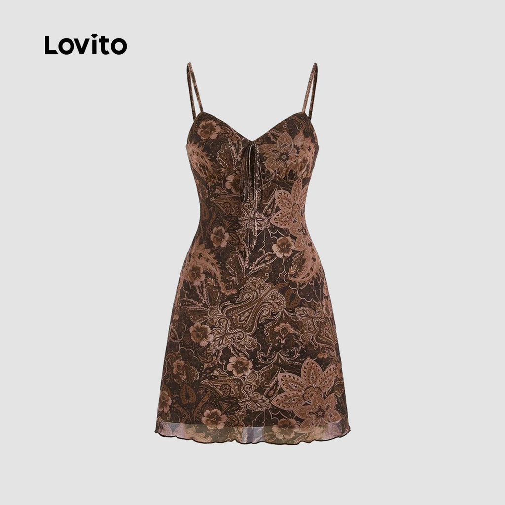 Lovito Vestido Casual Feminino Floral Drapeado Com Fita Contrastante Vestido De Verão/primavera L125AD473 em Oferta na Shopee