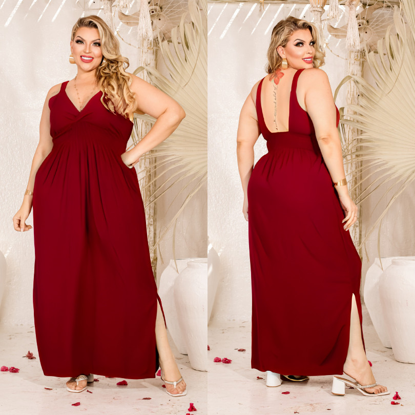 Vestido Longo Plus Size Feminino Alças Decote V Elástico na Cintura Viscolinho