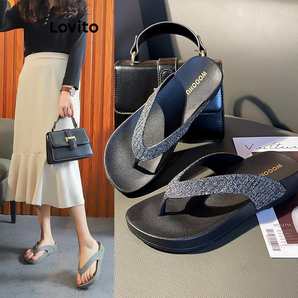 Lovito Sapatos casuais de sola grossa com strass liso e sandálias planas para mulheres LFA25039 - Women Shoes