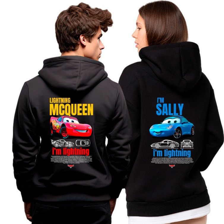Kit Casal Blusa de Frio Moletom Casaco Flanelado Premium Canguru Sally e Relâmpago Mcqueen