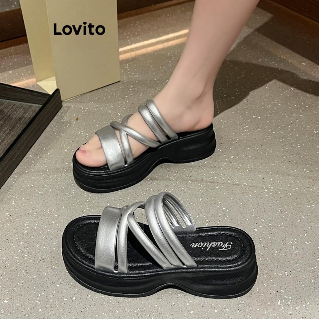 Lovito Casual Plain Criss Cross Moda Usar Sandália Rasa Externa para Mulheres LFA58352 - Women Shoes