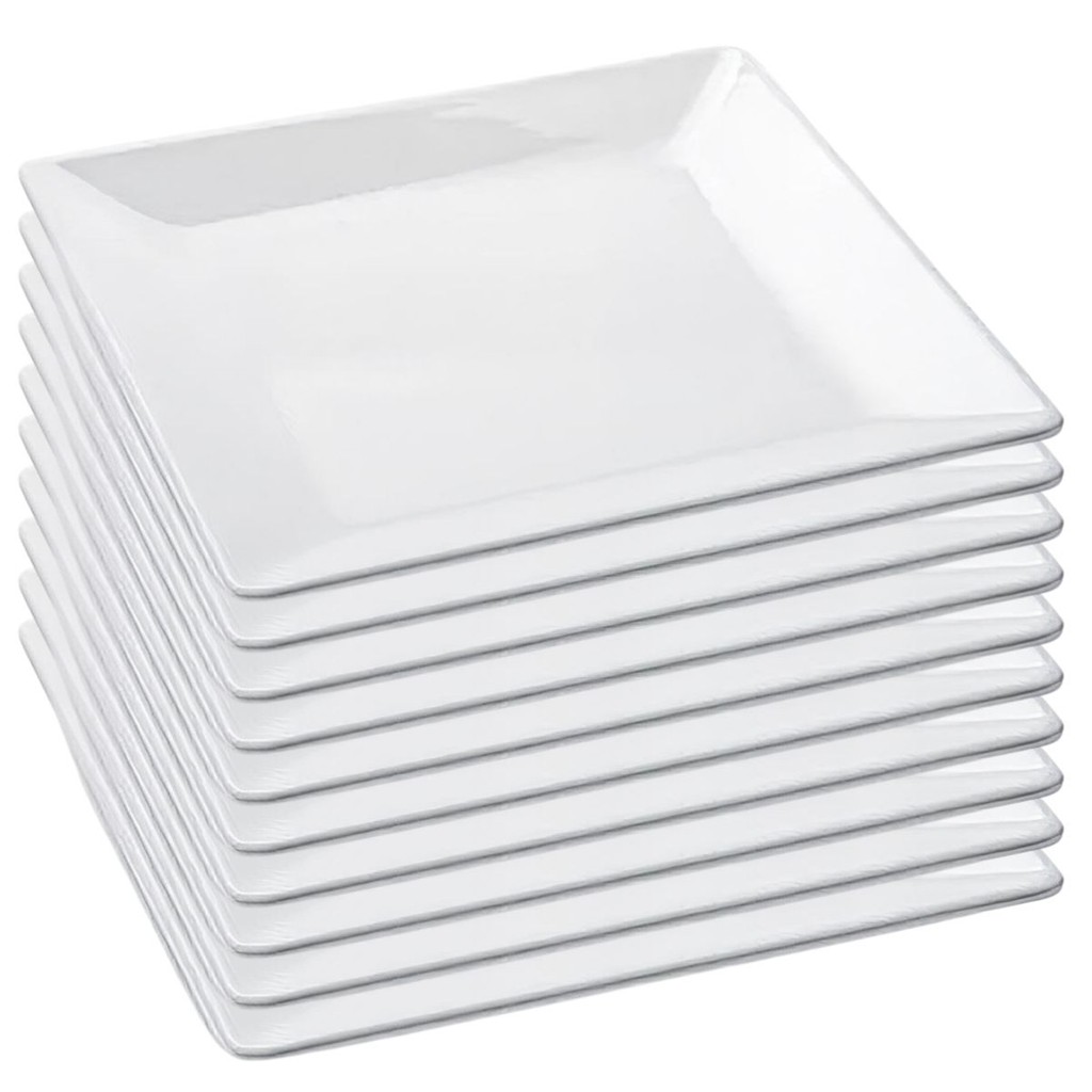 Jogo 10 Prato Quadrado Melamina Branco Kit Prato Raso Para Refeições Buffet Restaurante 25cm Bestfer
