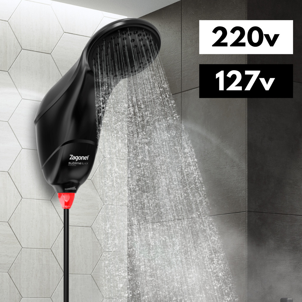 Chuveiro Ducha Eletrônica Sublime Preto Zagonel 5500W 127V 5700W 220V Led Ajustável Parede Banheiro Banho Sistema a Gás