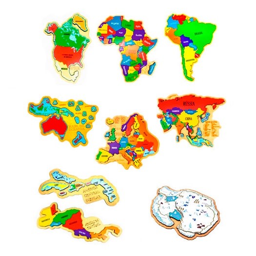 Kit Quebra-cabeça Mapa África Oceania América do Sul e Norte Central Ístmico e Insular Europa Ásia Antártida