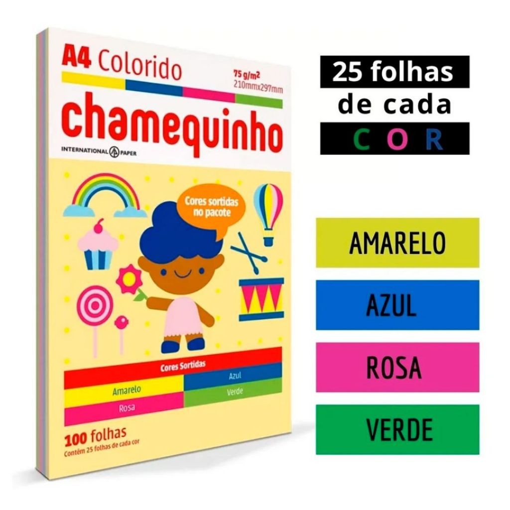 Papel Chamequinho Colorido com 4 Cores A4 75g  Pacote C/100 Folhas Chamex em Oferta na Shopee