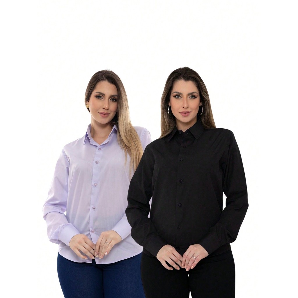 KIT Feminino 2 Peças - Camisa Social Manga Longa Slim Lisa Lilás e Camisa Social Manga Longa Slim Lisa Preto