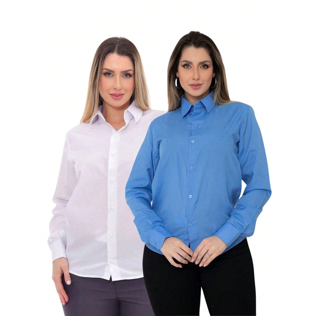 KIT Feminino 2 Peças - Camisa Social Manga Longa Slim Lisa Branco e Camisa Social Manga Longa Slim Lisa Azul Motorista