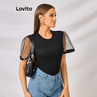 Lovito Sexy Camiseta Feminina Lisa de Malha de Contraste LBL09230