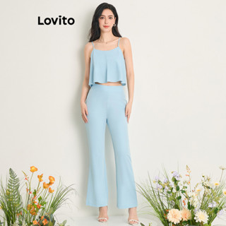 Lovito Conjuntos casuais de calças lisas com miçangas para mulheres L80ED323