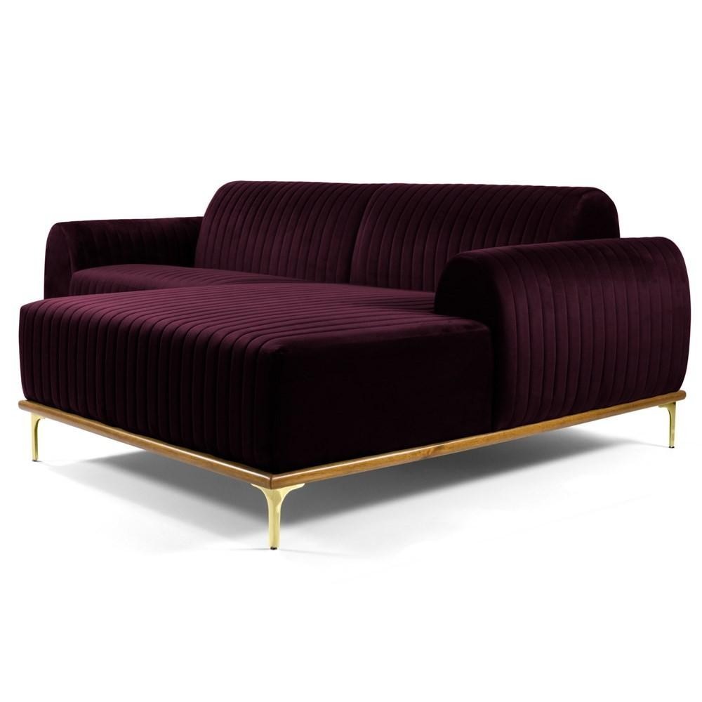 Sofá 255cm 4 Lugares com Chaise Direito Pés Gold Molino C-292 Veludo Uva - Domi