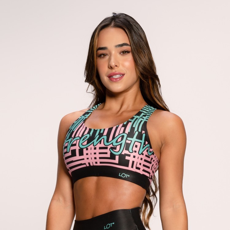 Top Fitness Feminino Suplex Estampado Cruzado nas Costas Verde com Rosa Crossfit