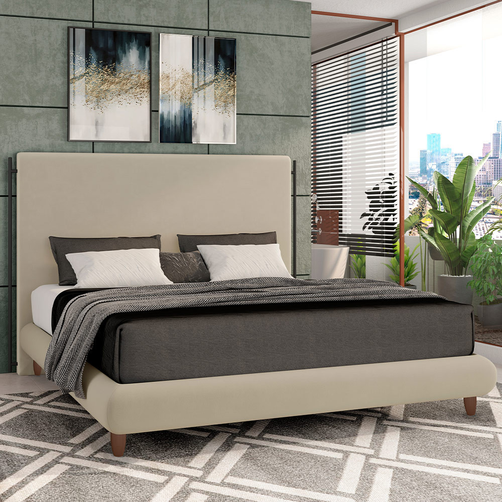 Cama Casal Queen Pés de Madeira 176cm Otto P05 Veludo Bege - Lyam Decor