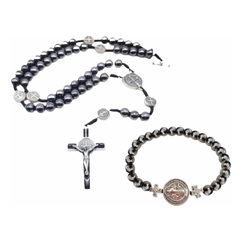Pulseira + Colar Terco Masculino Hematita  São Bento 