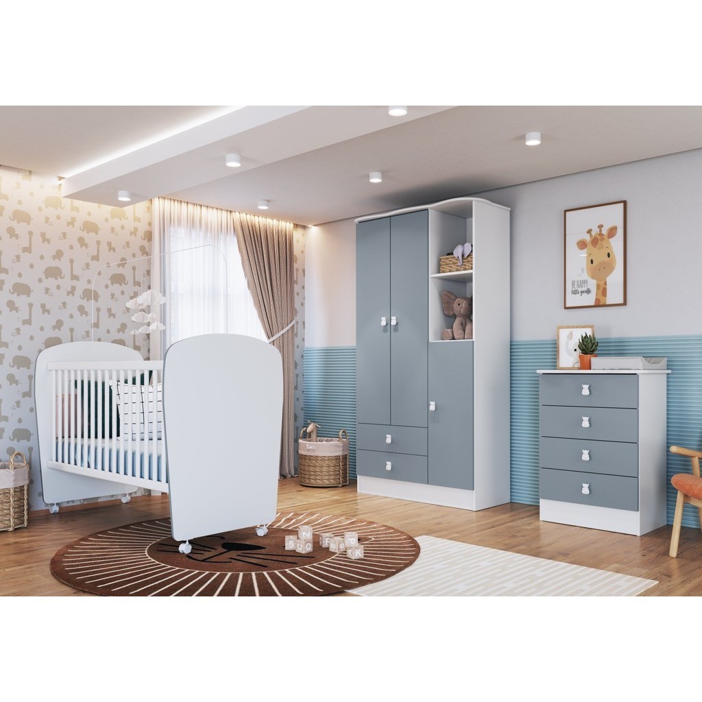 Quarto de Bebê Completo Pimpolho com Guarda-Roupa 3 Portas, Cômoda e Berço Espresso Móveis Azul/Branco - Mom & Baby