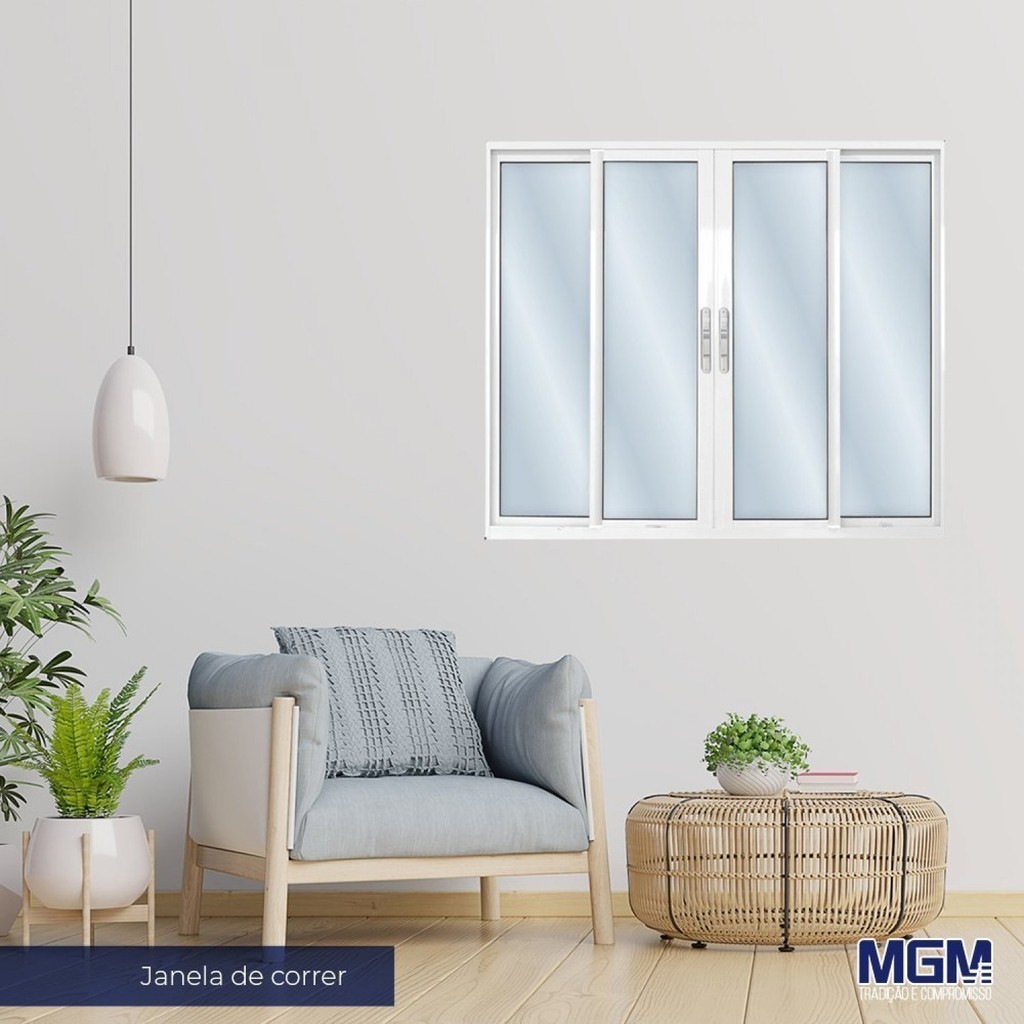 Janela de Alumínio de Correr 120x120cm 4 Folhas 2 Fixas com Vidro Liso Linha Solida Mgm 120cm x 120cm