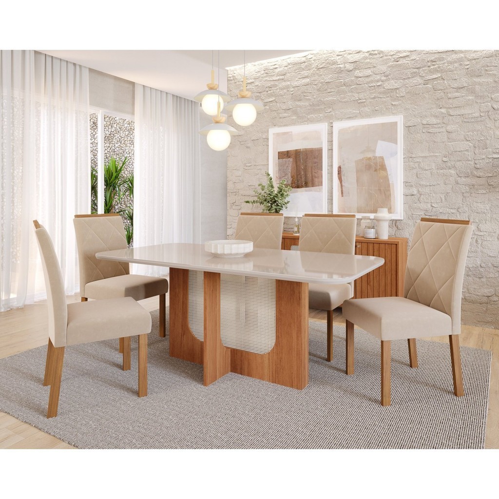 Sala de Jantar Louise 180cm com 06 Cadeiras Fernanda Wood em Oferta na Shopee