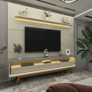 Rack com Painel para Tv até 85 Polegadas Led 3 Gavetas com Pés Madeira 220cm Royal/requinte 100% MDF Off White/Cinza em Oferta na Shopee