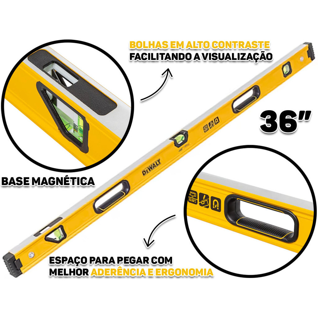 Nível De Alumínio Profissional 36 Polegadas Com Base Magnética Três Bolhas 90cm Dewalt