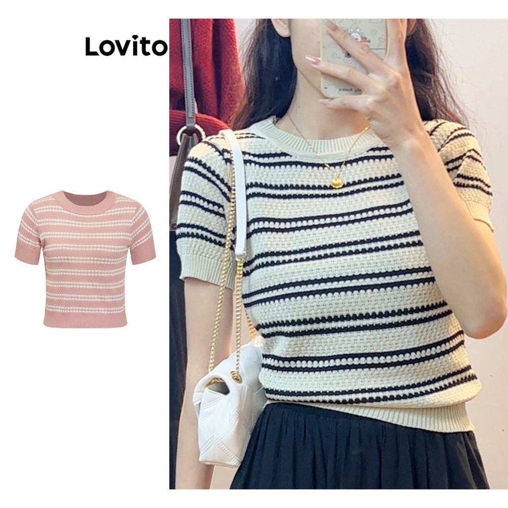 Lovito Top de Malha com Listras e Bolsos de Manga Curta com Botões Simples Casual para Mulheres LNE13021 (Multicolorido)