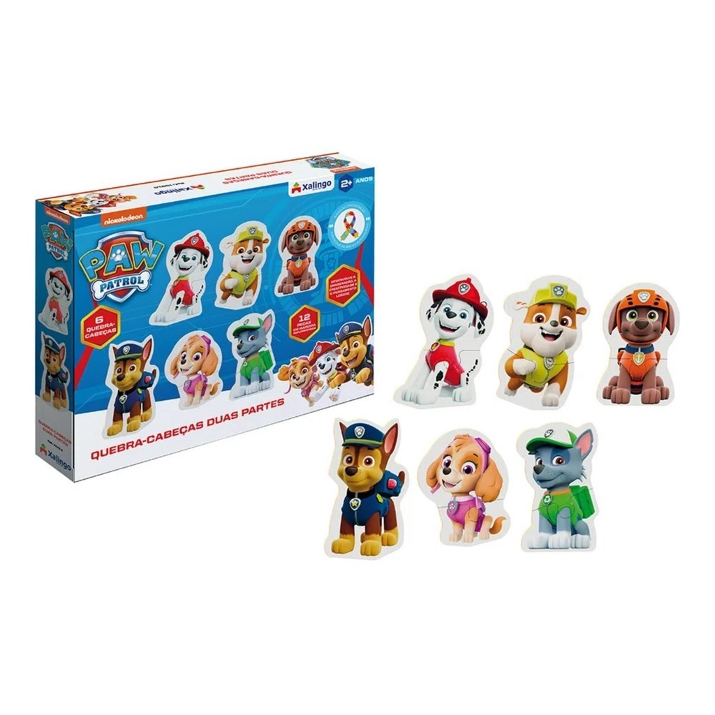 Jogo Quebra-Cabeça Duas Partes Patrulha Canina 12 Peças em MDF para Crianças a Partir de 2 Anos Xalingo - 13787