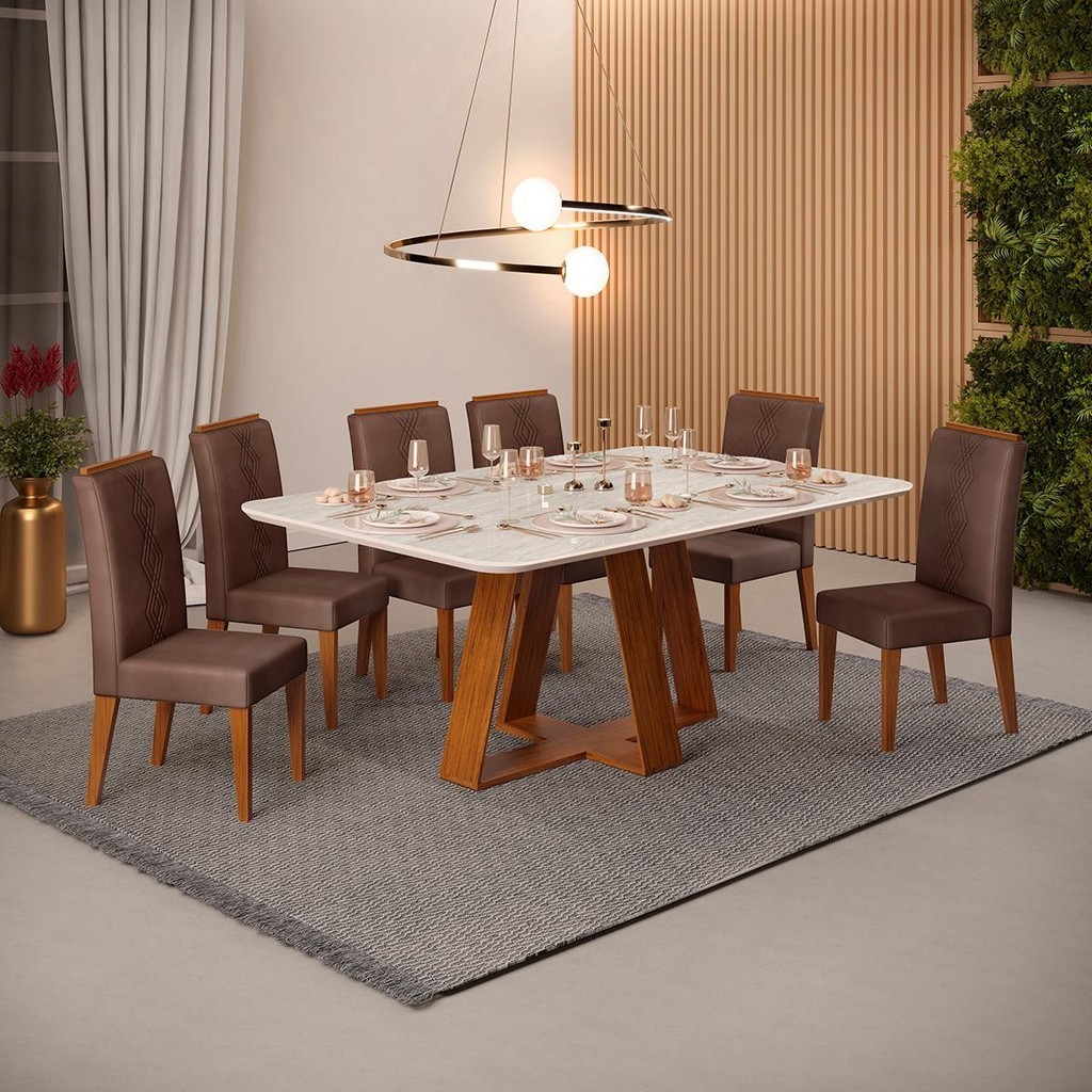 Conjunto Sala Jantar 6 Cadeiras Sem Vidro 170x90 DJ Móveis Kiara Freijó Quartzo Yasmin Veludo Moca em Oferta na Shopee