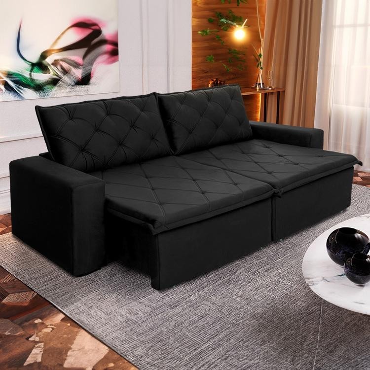 Sofá Cama Bangkok Sem Caixa 3,00m Retrátil e Reclinável Com Molas Velut Preto- King House em Oferta na Shopee