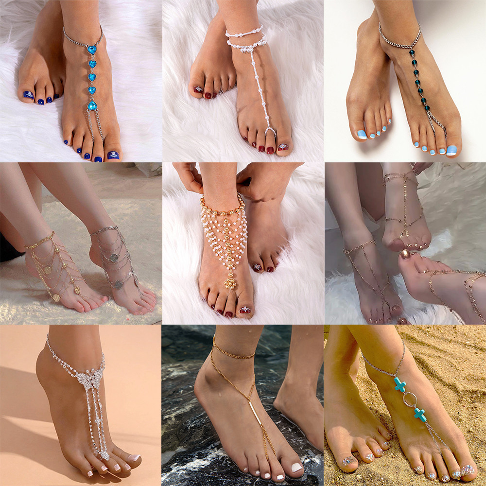 Tornozeleiras Vintage Trendy Blue Rhinestone Para Mulheres Jóias De Praia Femininas Sexy Multilayer Tassel Anklet em Oferta na Shopee
