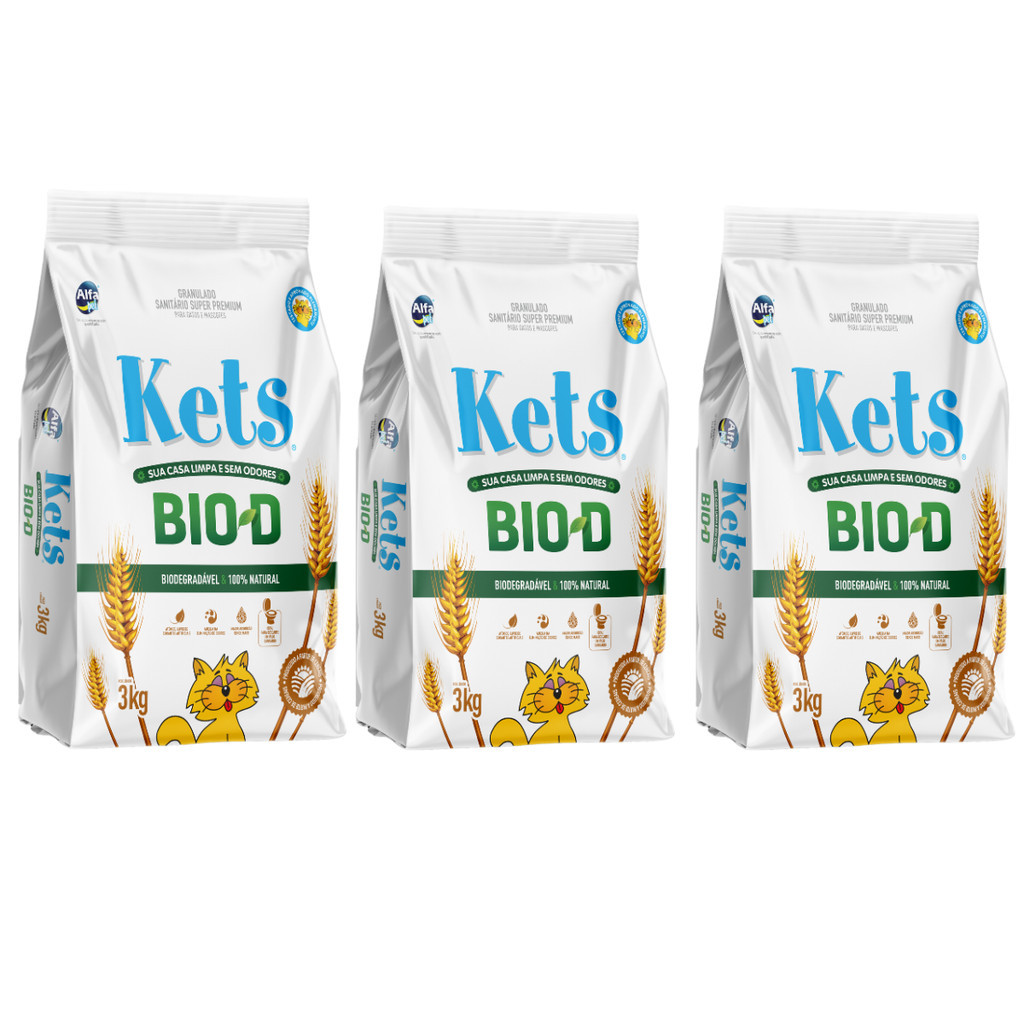 Kit 3 Areia Higiênica de Cereais Kets Bio-D 3kg para Gatos