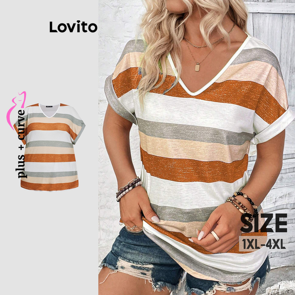 Lovito Camiseta Plus Size Casual Listrada Padrão para Mulheres LBL19474 - Women Clothes