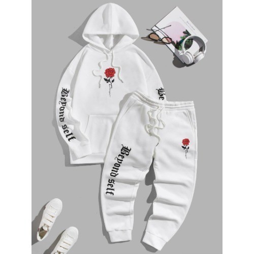 Conjunto Moletom com Capuz de Manga Longa com Impressão de Letra e Floral e Calça de Moletom com Cordão,