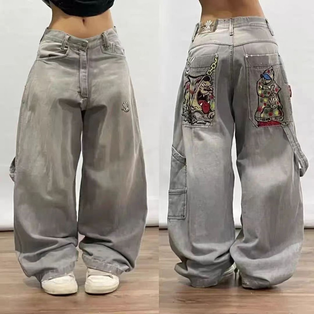 Streetwear Baggy Jeans Y2K Hip Hop Retro Bolso Calças Pretas Dos Homens Punk Rock Cintura Alta Largas Perna
