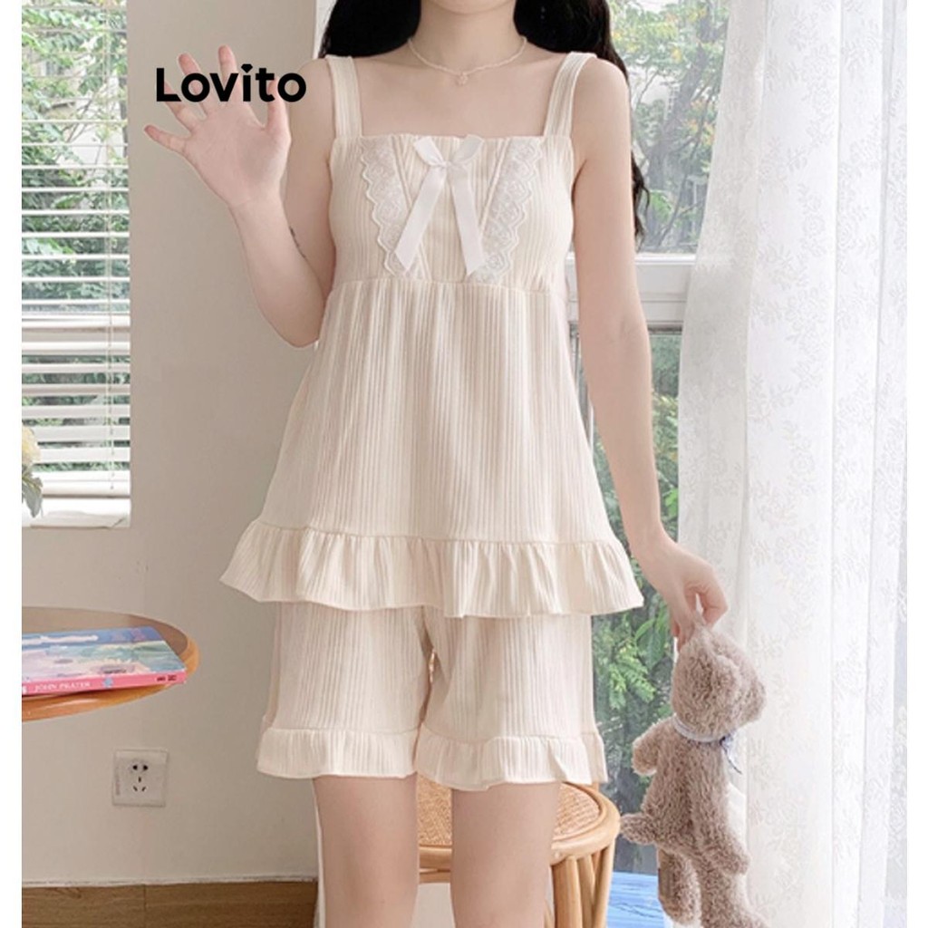 Lovito Conjuntos de pijama casual de renda lisa com laço para mulheres LNE62518 - Women Clothes