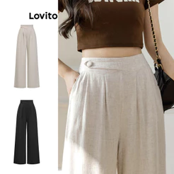 (Elegante) Lovito Calça Vintage Lisa Assimétrica Verão/Primavera Para Mulheres L86ED401