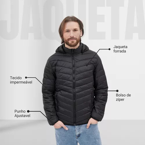 Jaqueta preta Gominho Puffer Casaco Corta Vento Bobojaco Inverno preta