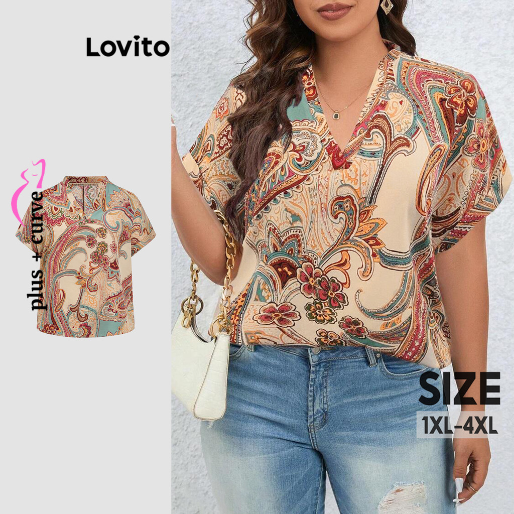 Lovito Blusa Plus Size Curve Boho Tribal Print Pattern para mulheres LBL20654 - Women Clothes