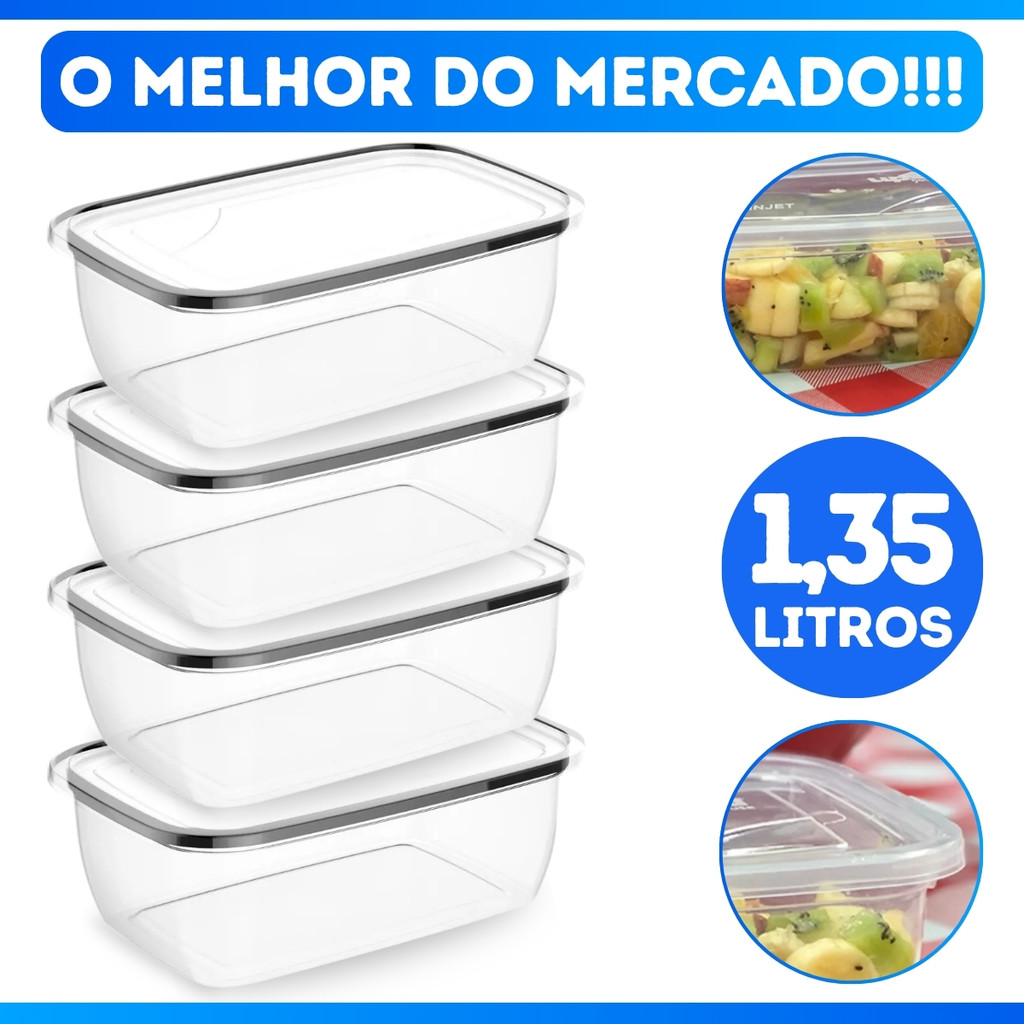 Kit 4 Potes Transparente 1,35 L Presidio Retangular Com Tampa