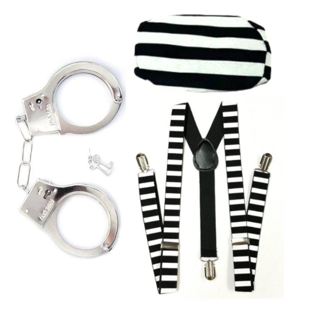 Kit Fantasia Presidiário Suspensório + Algema + Boina Halloween Festa Fantasia