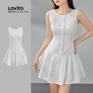 (Lovito Refine) Vestido Casual De Algodão Bordado Com Bordado Inglês Para Mulheres LR2ED078 em Oferta na Shopee
