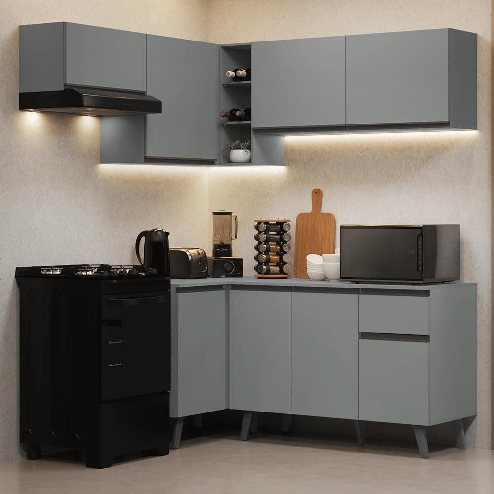 Armário de Cozinha Completa de Canto 325cm Cinza Nice Madesa 06