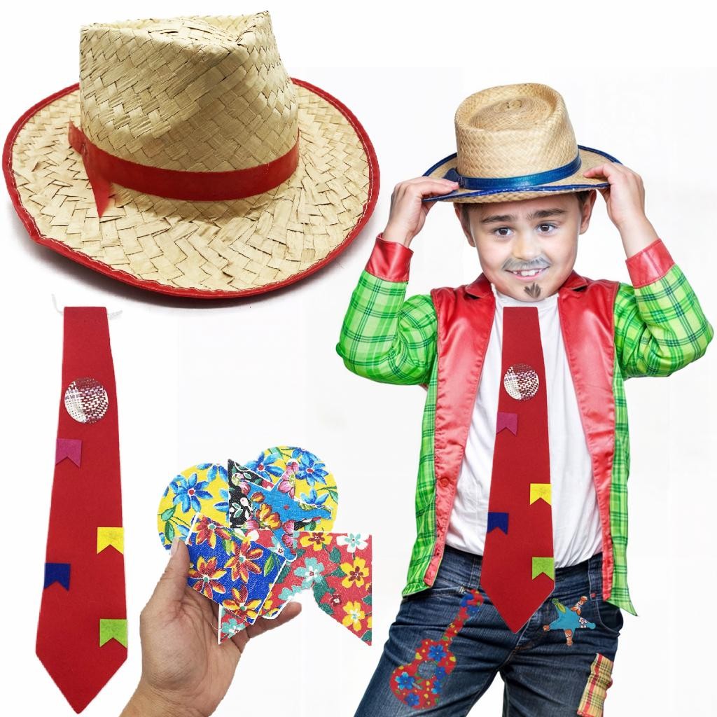 Kit Chapéu Gravata e Remendão Adesivo Junino Infantil Adulto Arraiá
