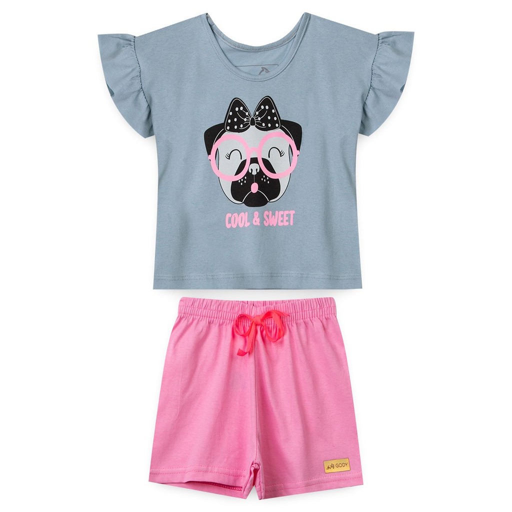 Conjunto Infantil Feminino Cropped Cool e Sweet Verão 100% Algodão – Blusa + Shorts Menina