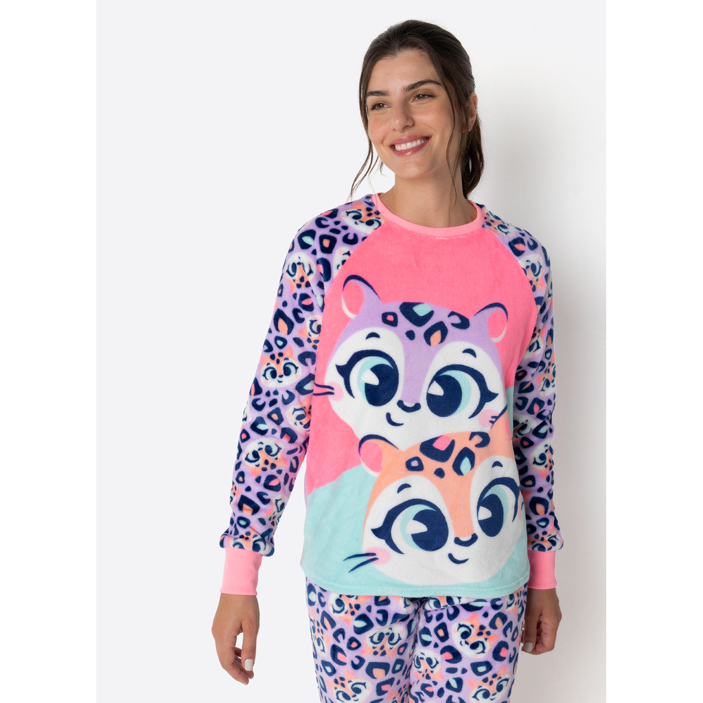Pijama Manga Longa Feminino Soft 2 Peças Conjunto Onça Puket em Oferta na Shopee
