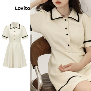 Lovito Vestido casual liso com botão de contraste para mulheres L79AD171
