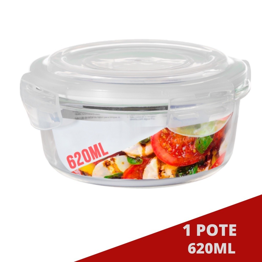 Pote Hermetico 620ml Redondo de Vidro Microondas Multiuso