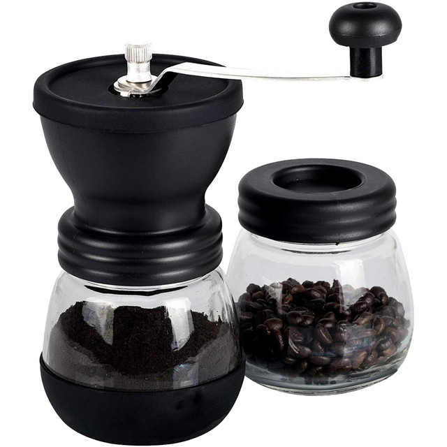 Moedor de Café Manual Moagem Cerâmica Regulagem Pote Vidro Reservatório Manivela Inox Tampa Plástico