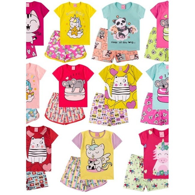 Kit 8 Peças Sortidas de Pijama verão Infantil Menina - 4 Camisetas + 4 Bermudas - Kit 4 Conjuntos EN